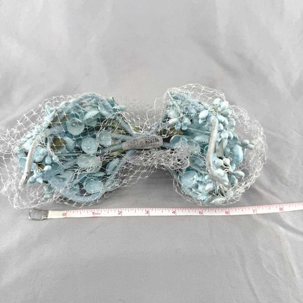 Vintage Union Made Blue Floral Birdcage Veil Headpiece Velvet Bow 526150 USA